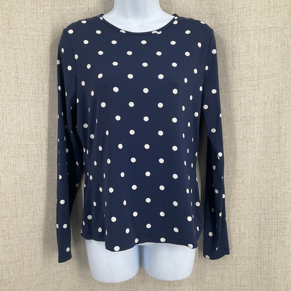 Lands End Polka Dot Top Womens Size S 6-8 Navy Spandex Long Sleeve Swim Beach